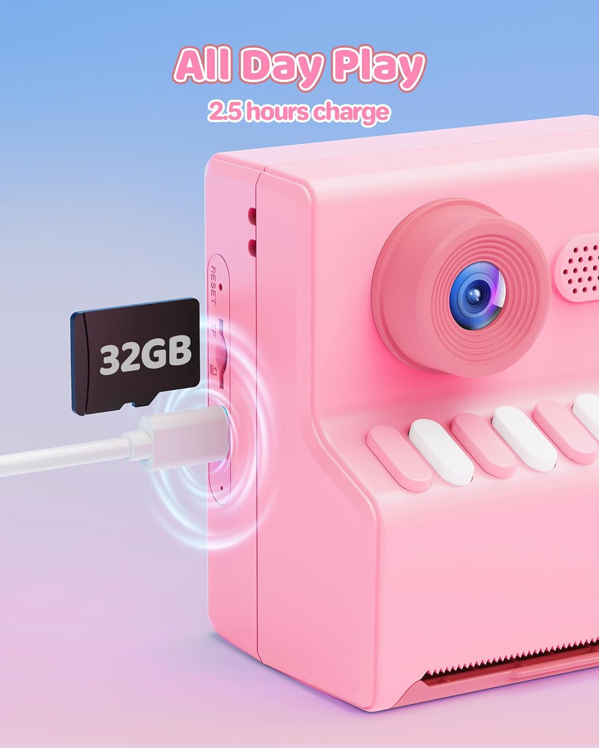 Дитячий фотоапарат HODDRCCN з друком 1080P карта 32GB 3 рулони паперу рожевий