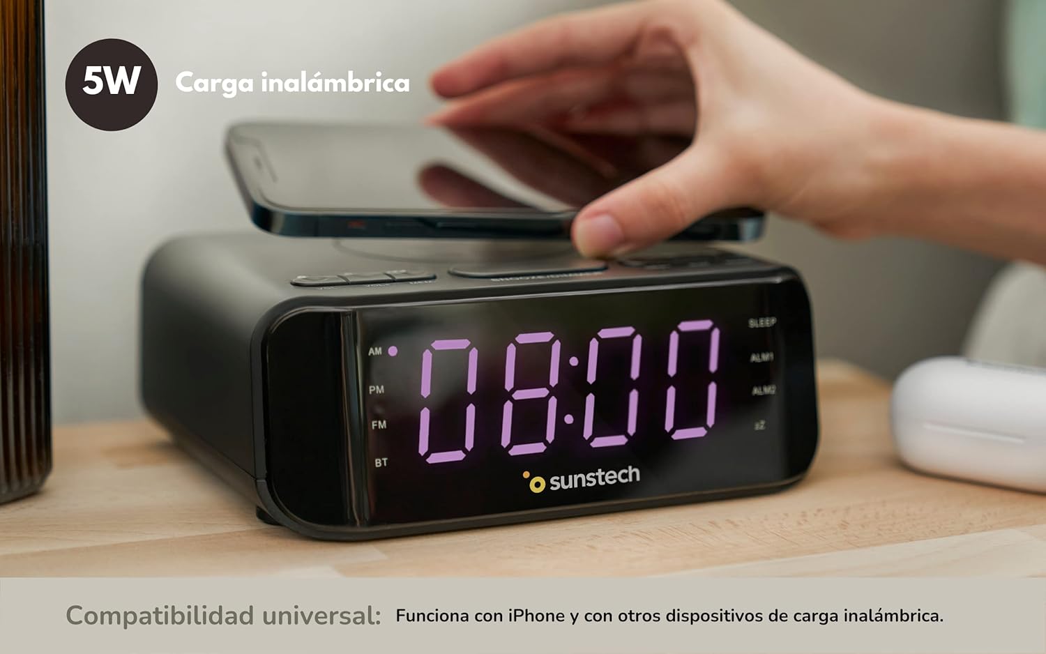 Радіо будильник Sunstech Bluetooth FM USB бездротова зарядка 5W годинник настільний БВ - Б/В