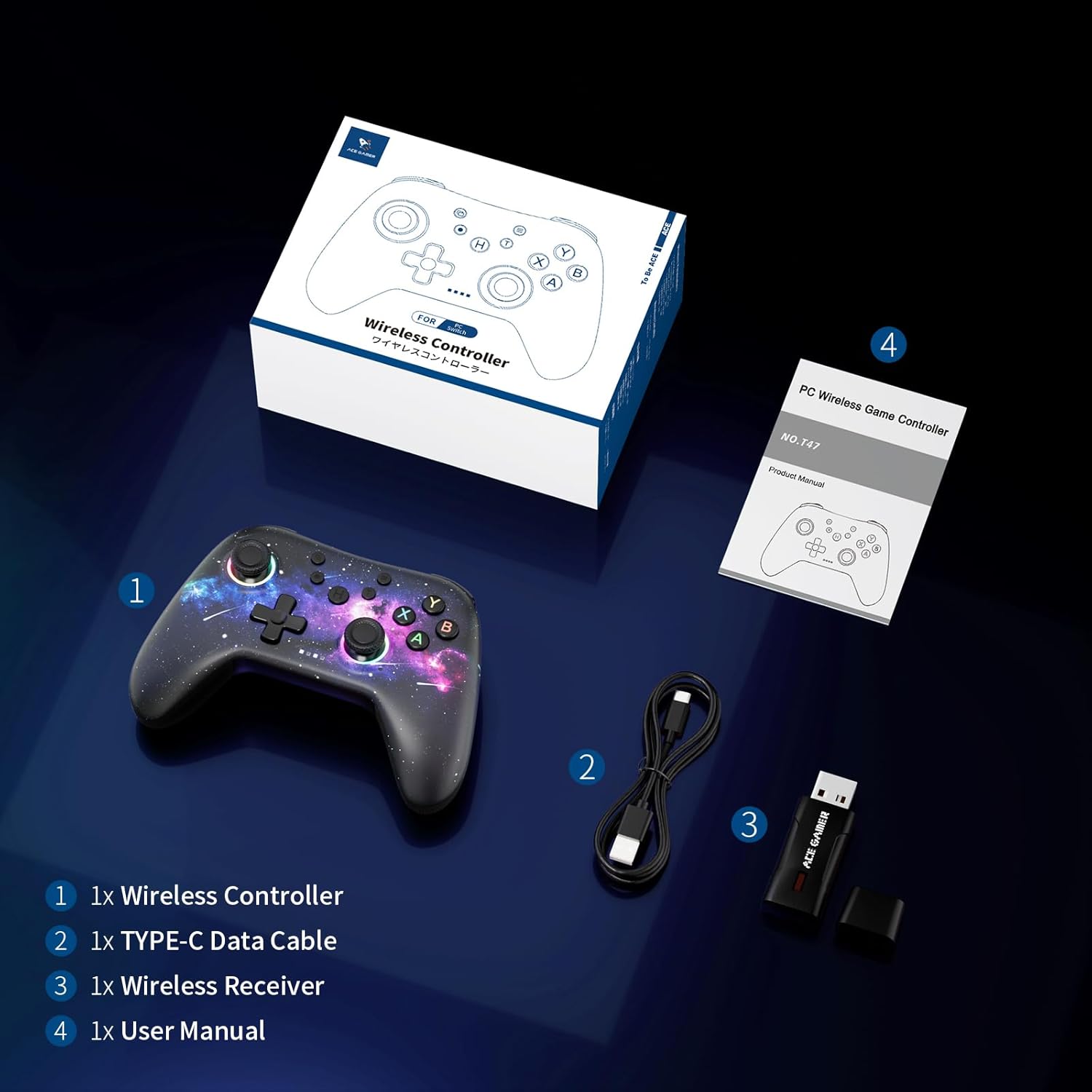 Бездротовий геймпад AceGamer 2.4G/Bluetooth для ПК, Steam та Switch з RGB-підсвіткою