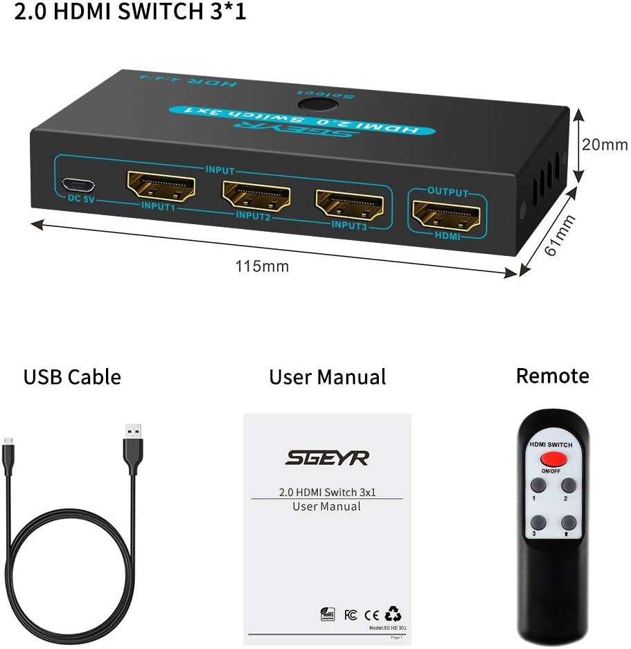 HDMI-перемикач SGEYR 3x1, 4K@60Hz, ІК-пульт, HDMI 2.0, HDCP 2.2, 3D, 2160P, 1080P, чорний