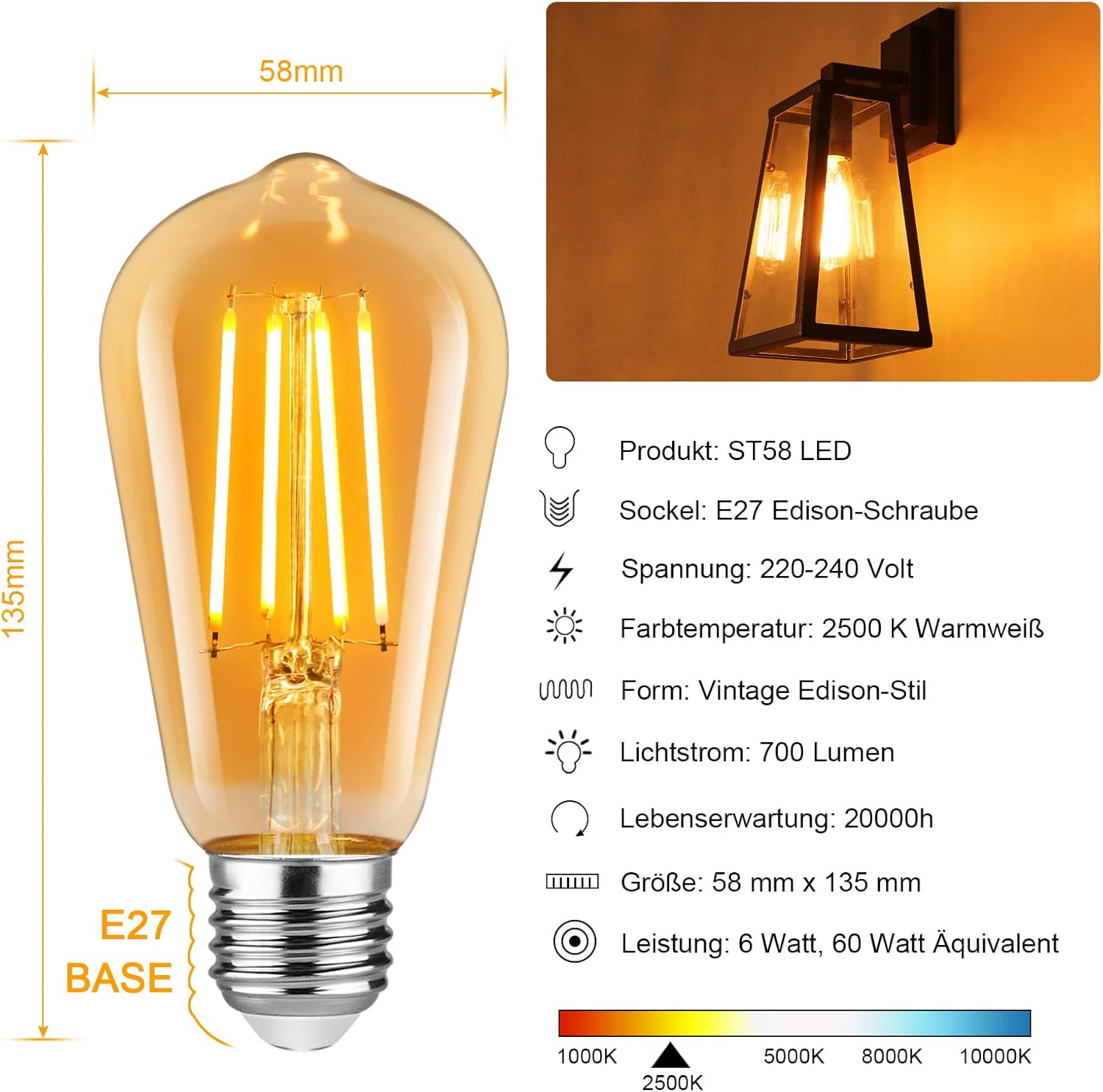 Вінтажні LED лампи Defurhome E27 ST58 (5 шт), 6W (60W), 700лм, Теплий Білий 2500K, філаментні