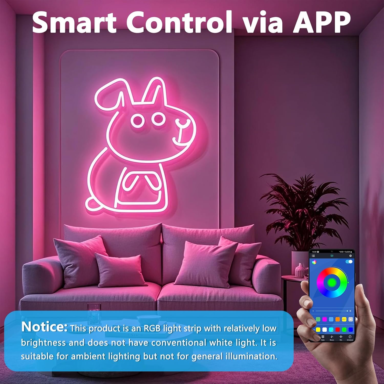 Неонова LED-стрічка (10м) RGB, Bluetooth, App, Синхронізація з музикою, Вулична (Без пульта)