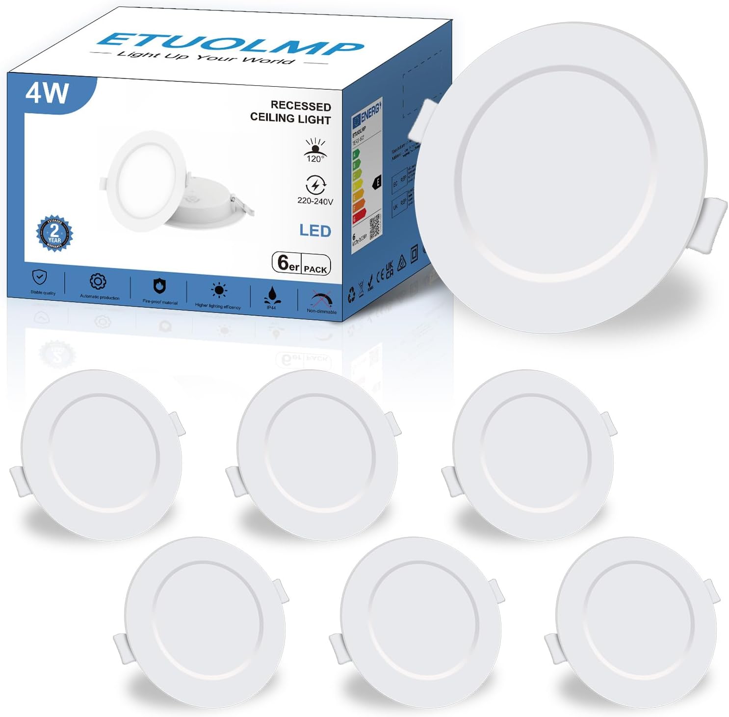 Вбудовані LED-світильники ETUOLMP (6 шт), 4W, 3000K (Теплий Білий), IP44, Ультра-плоскі, 230V
