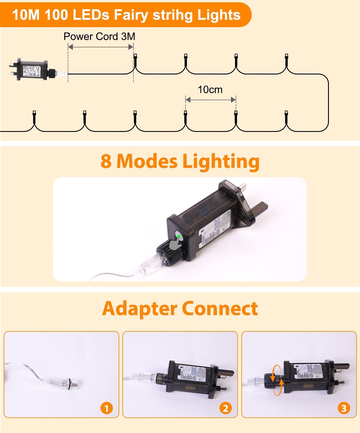 Гірлянда світлодіодна 10м 100 LED (Теплий білий), Від мережі, Пульт, Таймер, IP44, для ялинки