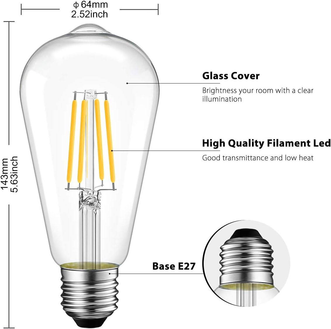 Набір філаментних LED ламп E27 ST64 6.5W (Вінтаж Едісона), 6 шт, Тепле світло 2700K