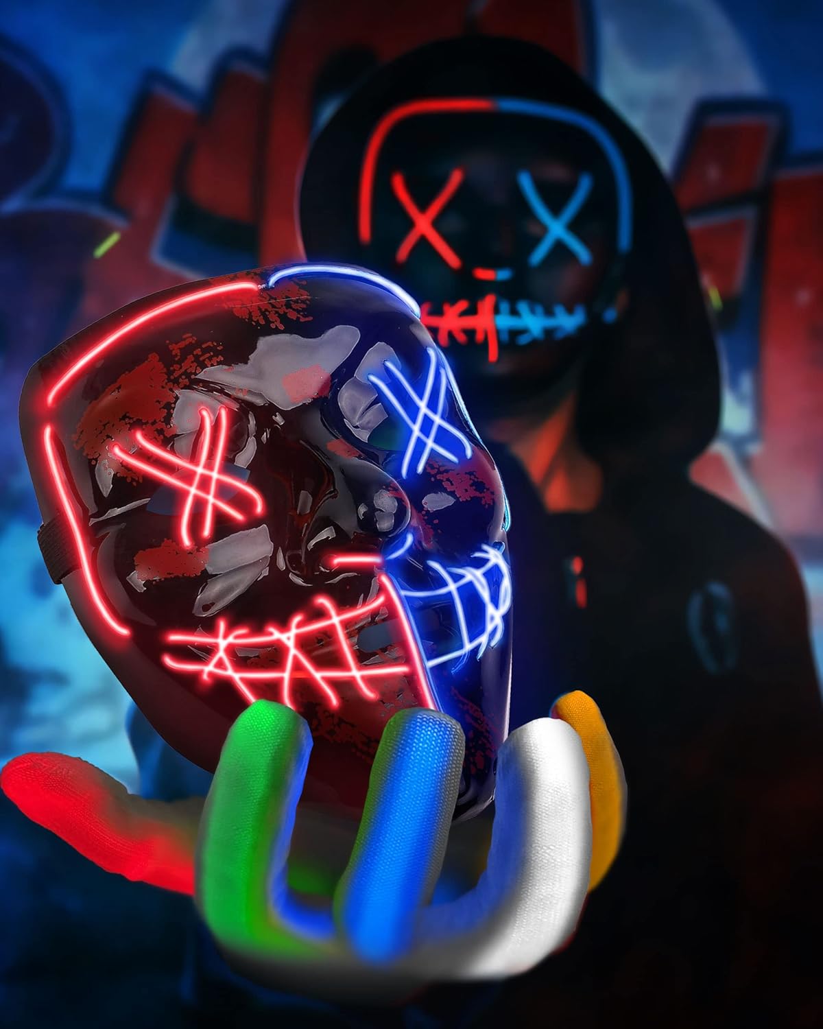LED Маска "Судна ніч" (The Purge) + Рукавички, що світяться, Неон, Костюм на Хелловін