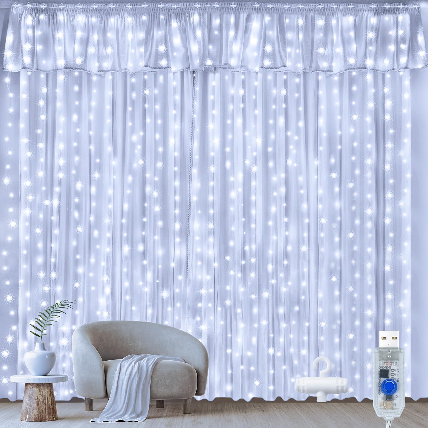 Гірлянда-штора Ollny 3x3 метри (300 LED), USB, Холодне біле, Пульт + Таймер