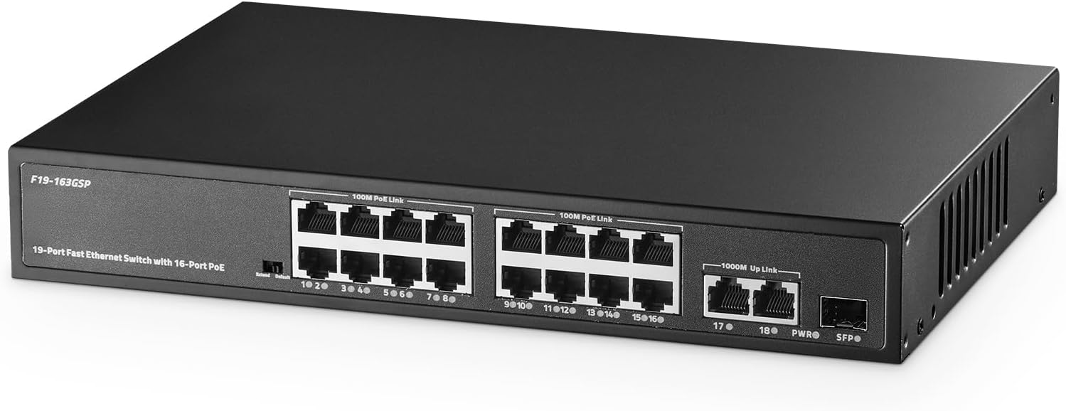 PoE комутатор 19 портів (16xPoE+ 100Mb, 2xGigabit, 1xSFP), 300W, Binardat