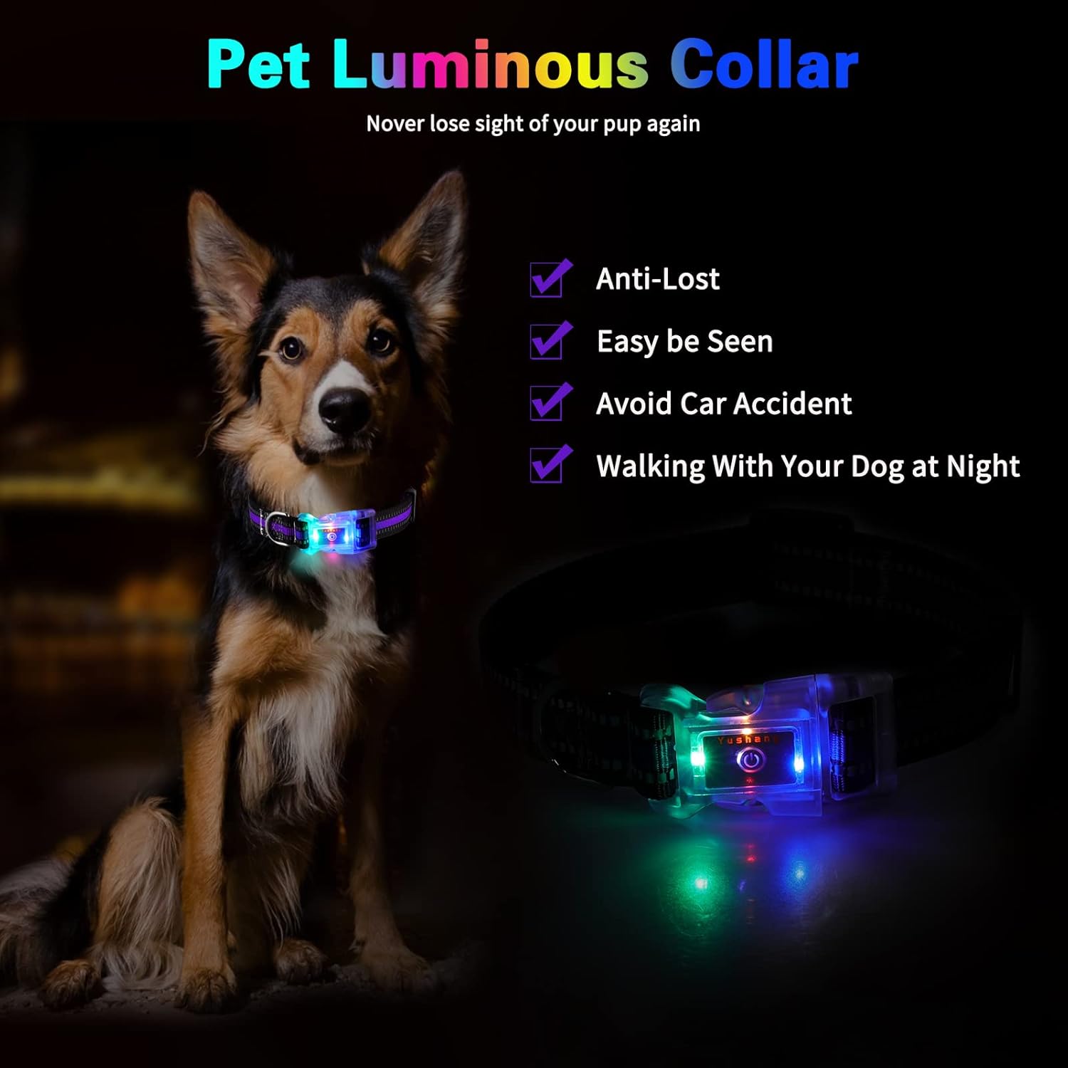 Світящийся нашийник для собак LED (USB), Водонепроникний IP68, Multi-Colour, S