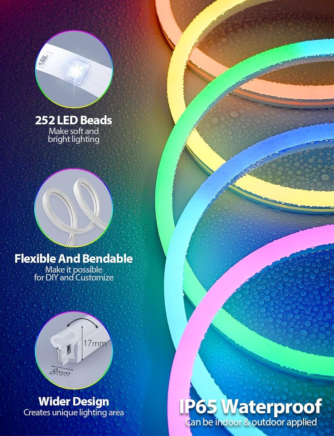 Розумна неонова LED-стрічка LUXONIC RGBIC (5 метрів), Bluetooth APP, Гнучкий неон