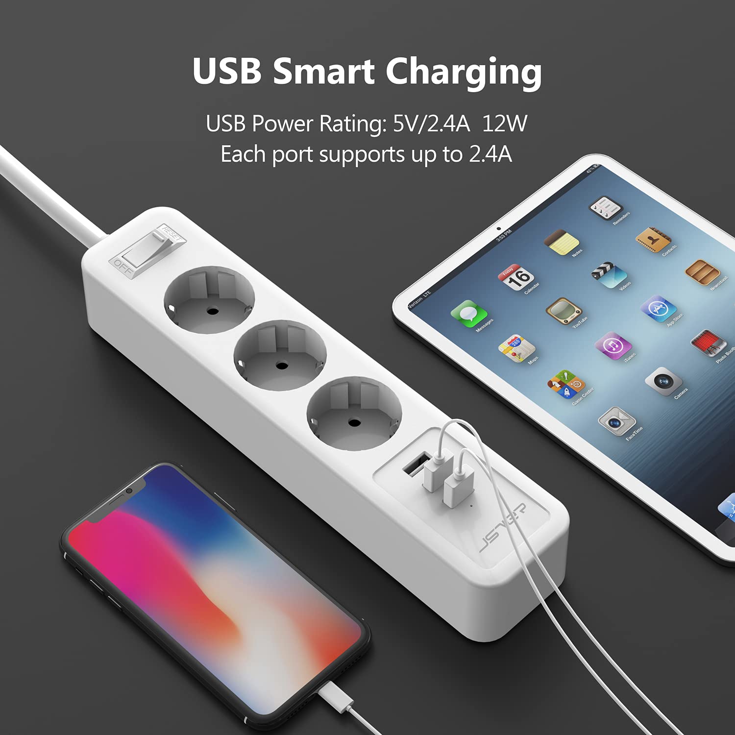 Мережевий фільтр подовжувач JSVER 3 розетки 3 USB захист перенапруги кабель 2м розумний блок