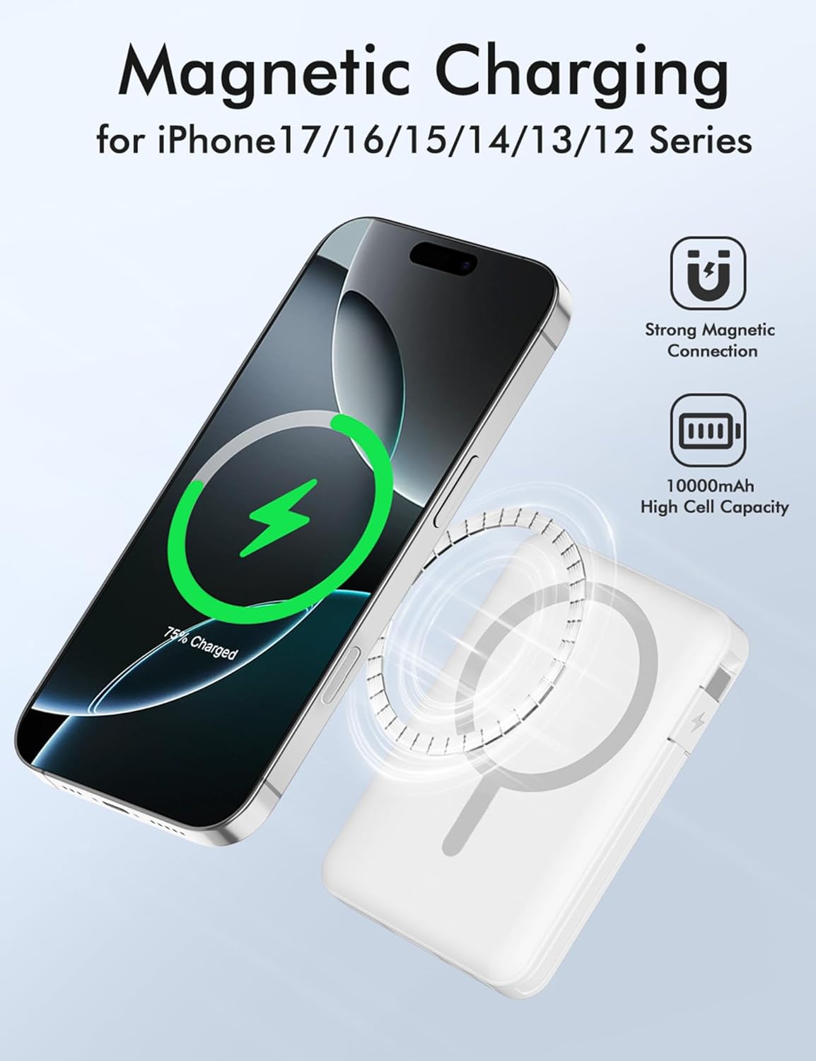 Магнітний Power Bank 10000mAh з кабелем (MagSafe Compatible), PD 20W, Дисплей, Чорний