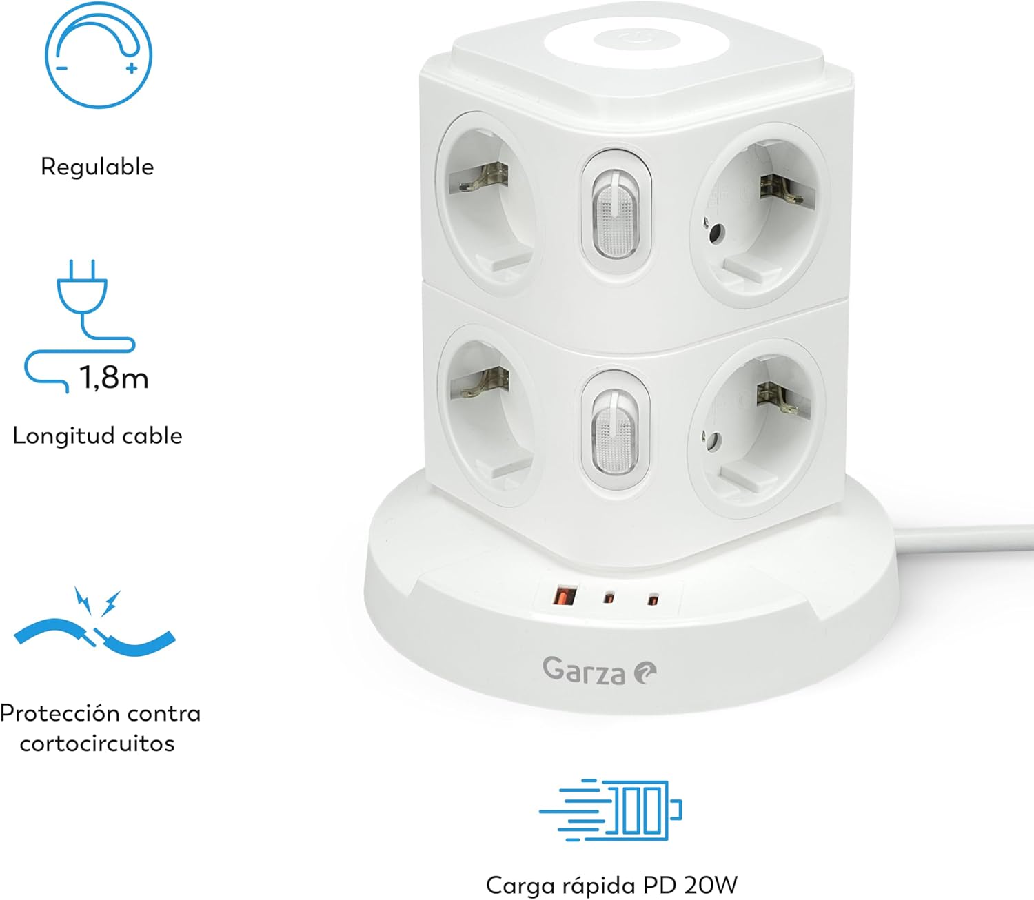 Мережевий фільтр-вежа (Tower) 11-в-1: 8 розеток + USB-C PD 20W + Нічник