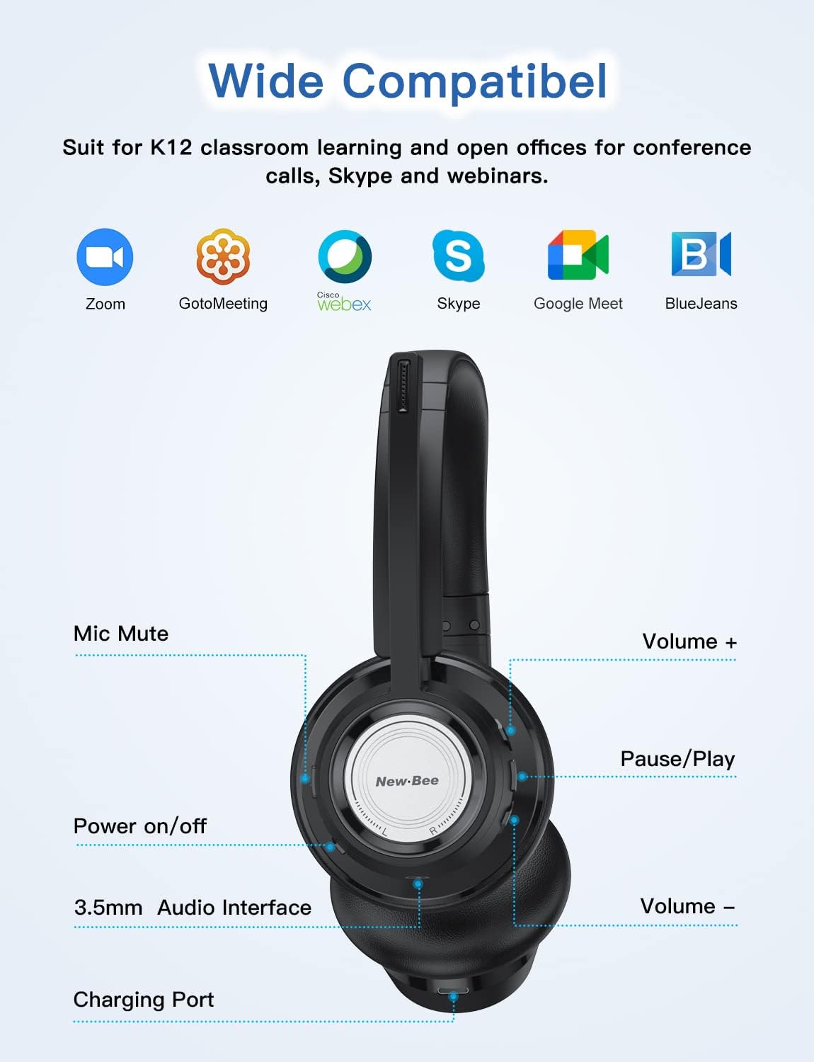 Бездротова гарнітура New Bee (Bluetooth + USB Dongle) для ПК/Офісу, Mute, Чорна