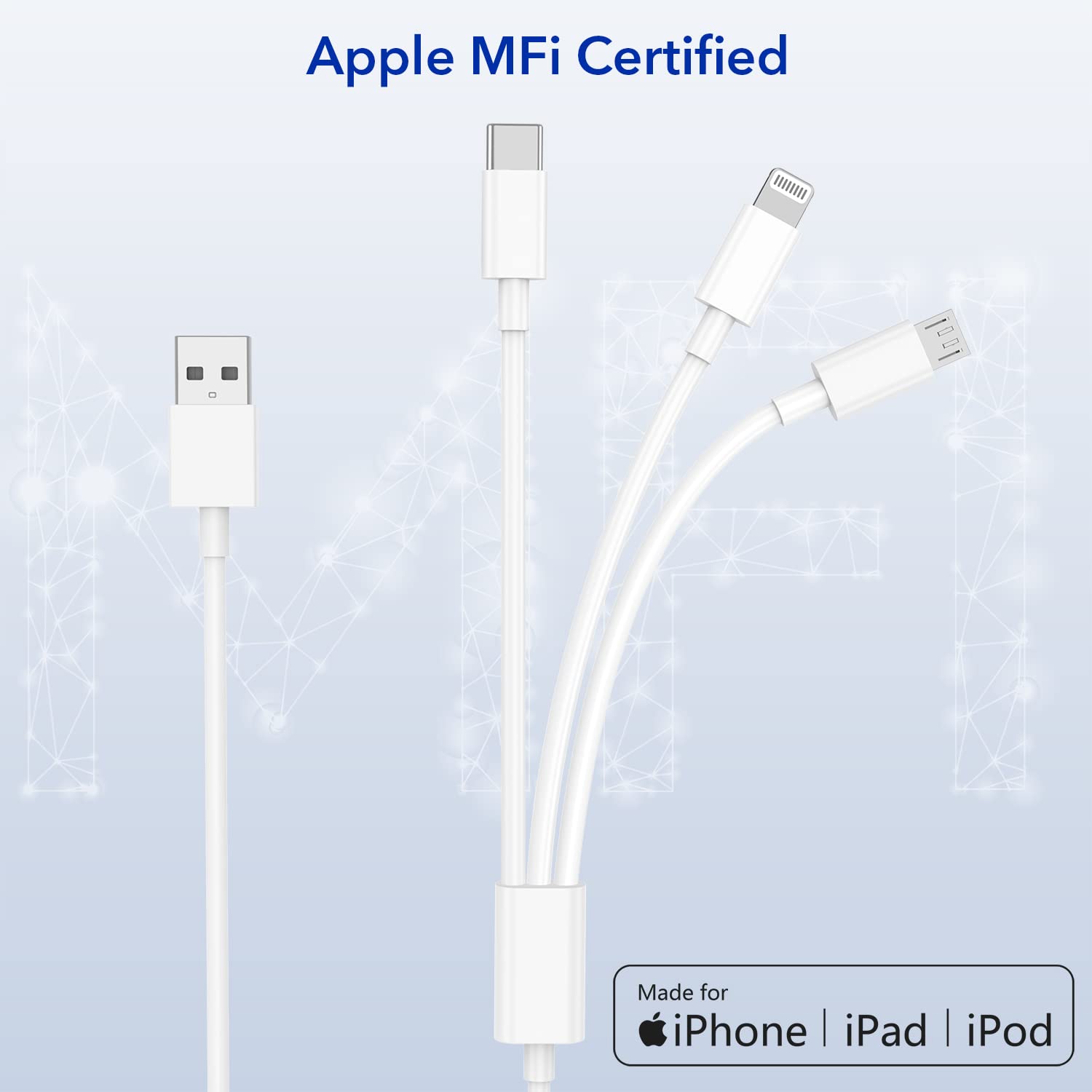 Мультикабель для заряджання 3-в-1 (Type-C, Micro-USB, Lightning), 2 метри, Нейлон