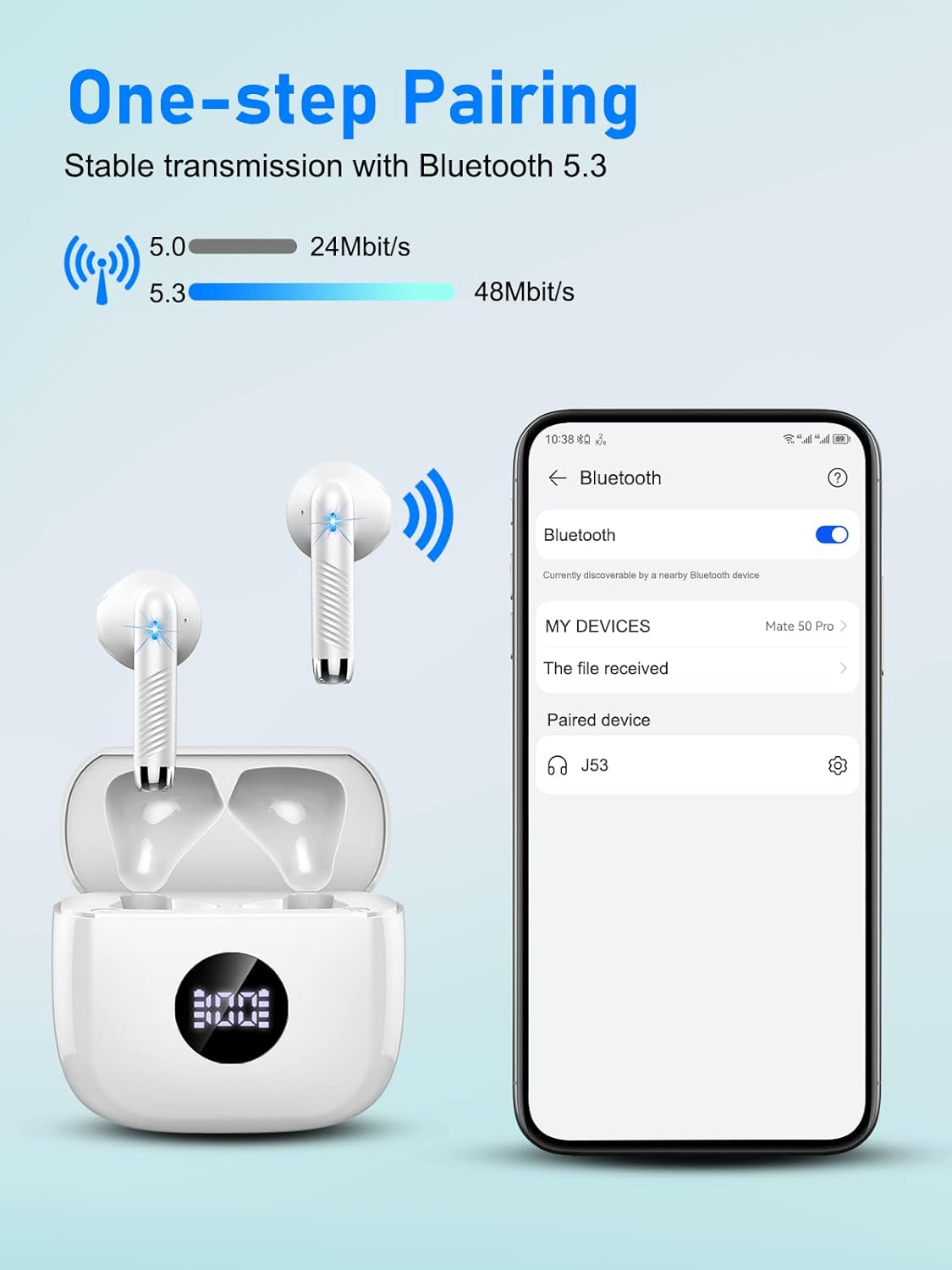 Бездротові навушники Bluetooth 5.3 Без бренду (ENC, 40 год, IP7), З LED дисплеєм, Перлинні