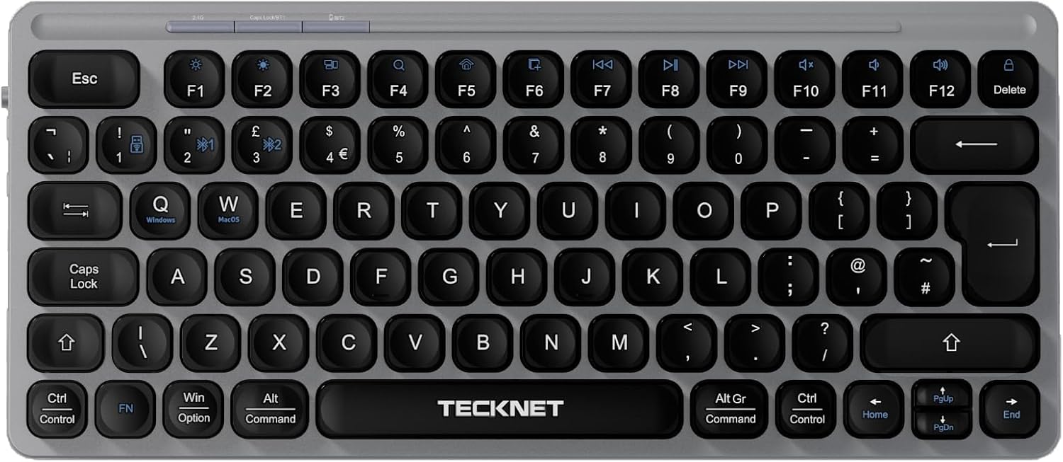 Бездротова Bluetooth клавіатура TECKNET 2.4GHz, Для 3 пристроїв, Акумуляторна, Сіра