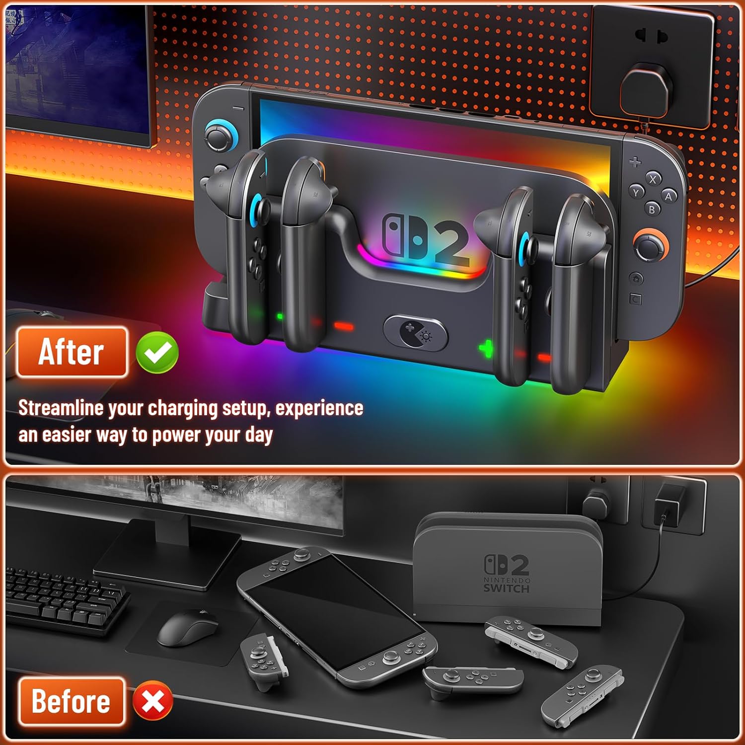 Зарядна станція Wenocally для 6 контролерів Nintendo Switch 2 Joy-con, З RGB підсвічуванням
