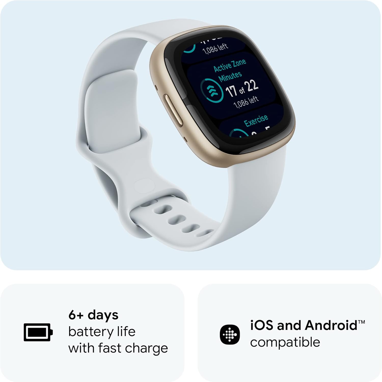 Розумний смарт-годинник Fitbit Sense 2 (Blue Mist/Pale Gold), Фітнес-трекер з GPS та ЕКГ БВ