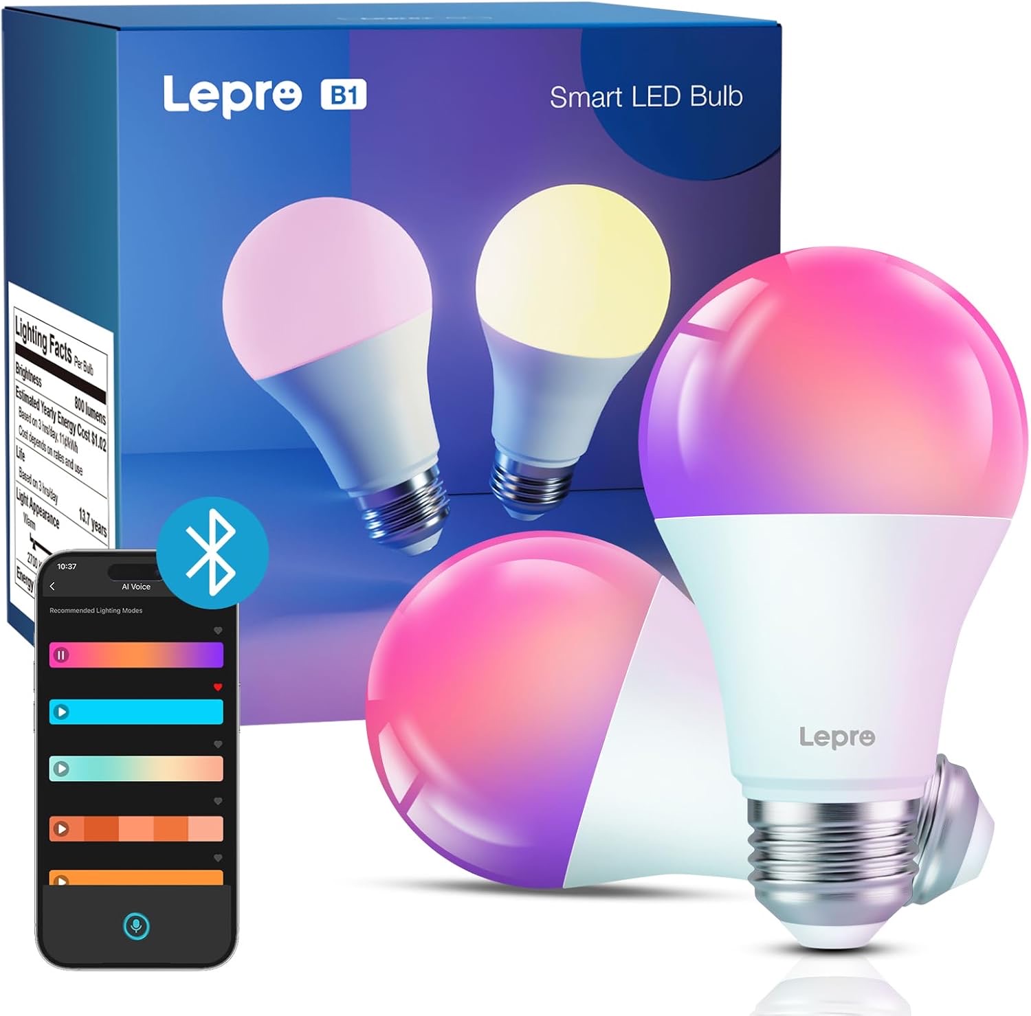 Розумна LED лампа Lepro B1 E27 RGB Bluetooth синхронізація музики 2 шт комплект