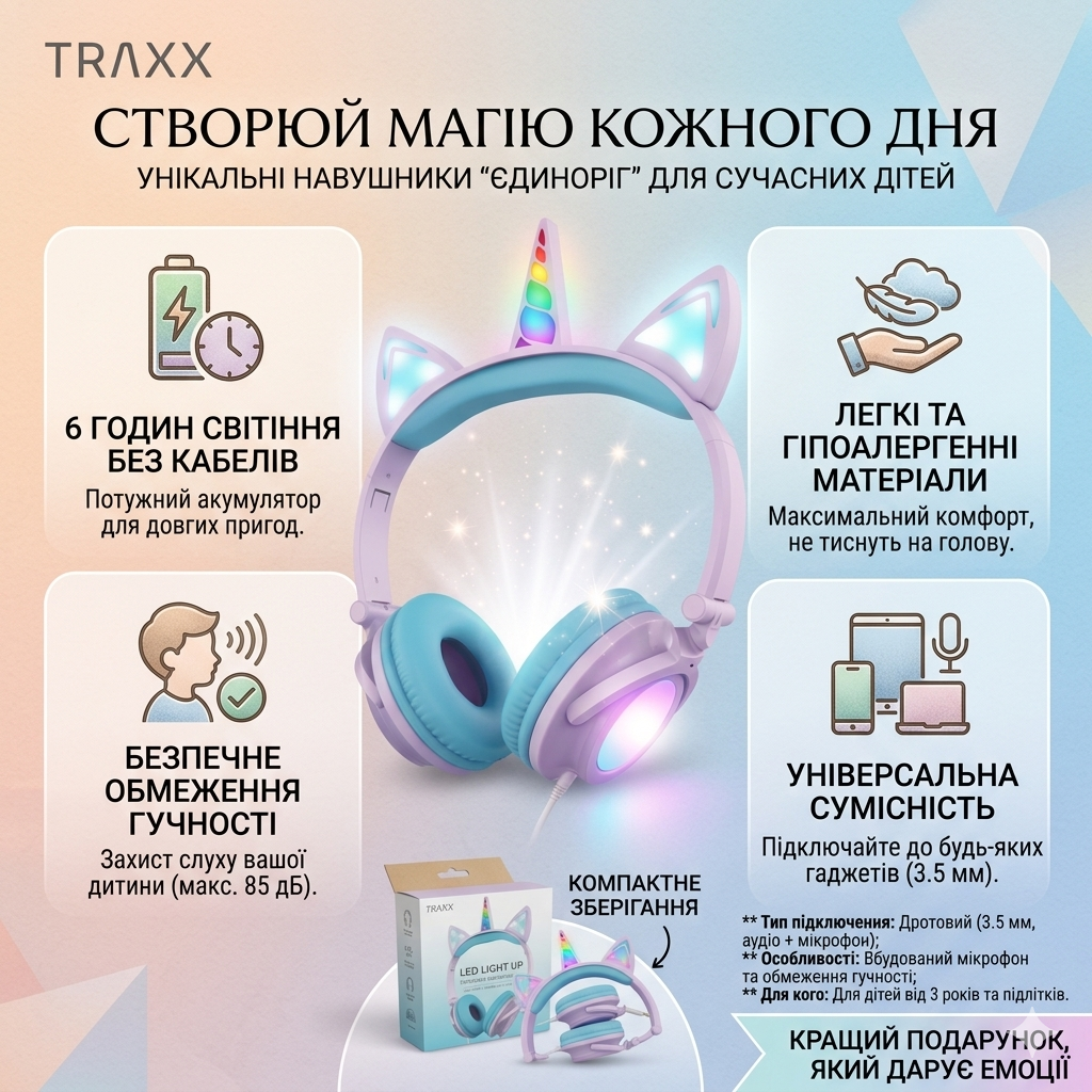 Навушники TRAXX з вушками LED підсвітка AUX 3.5мм дротові для дітей музика ігри рожеві