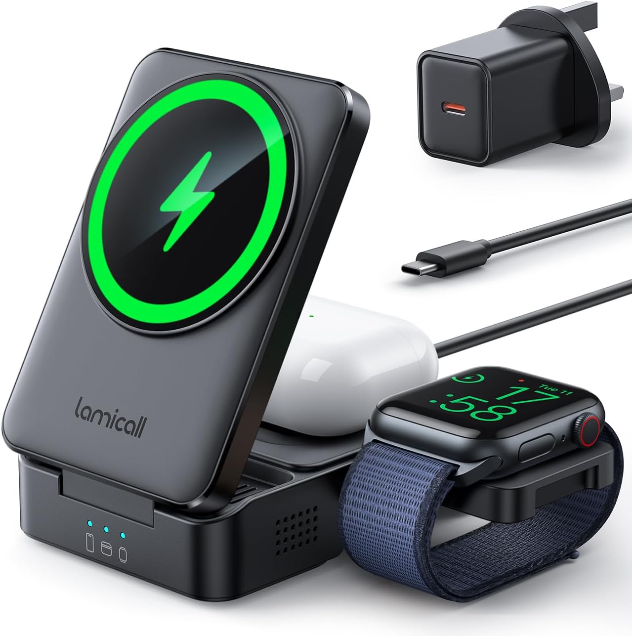 Бездротова зарядка 3 в 1 Lamicall MagSafe для iPhone Apple Watch AirPods складна станція