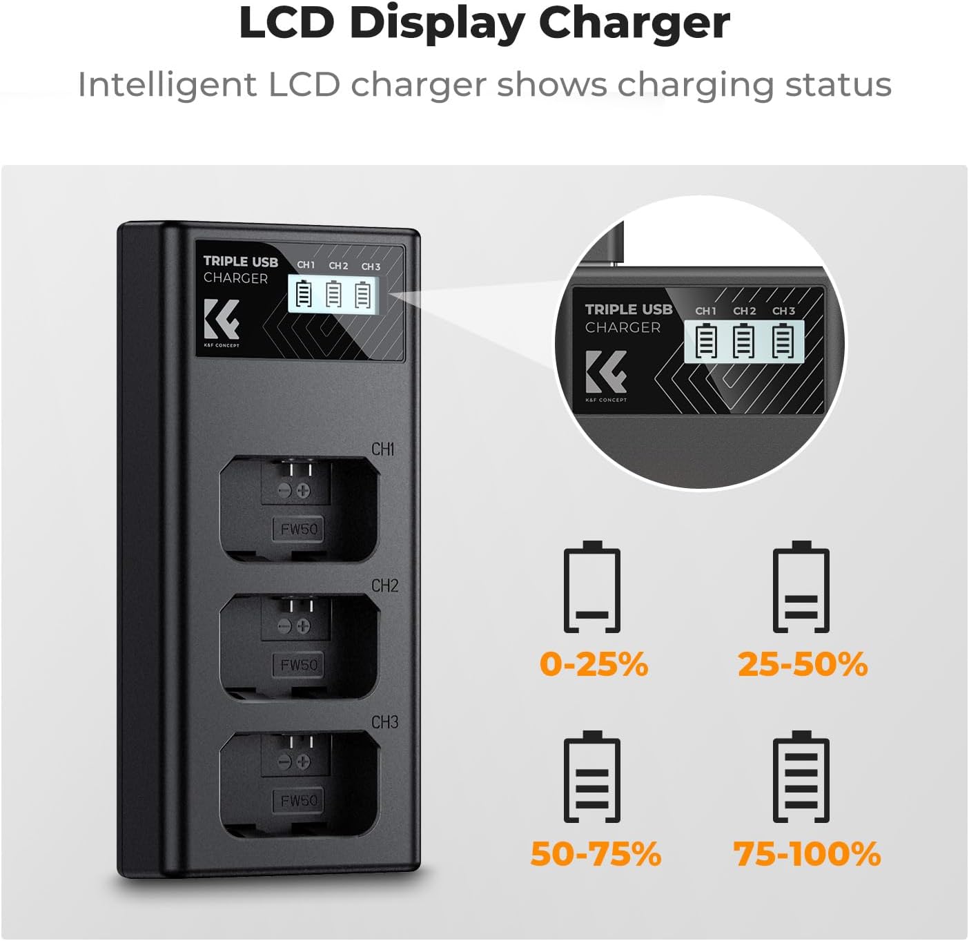 Зарядний пристрій K F CONCEPT для Sony NP FW50 3 слоти LCD дисплей USB швидка зарядка